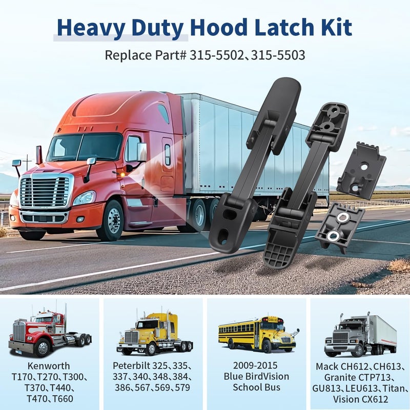 Magicave 2 PCS Premium Heavy Duty Hood Latch Kit, LH/RH, Fits Kenworth T170 T270 T300 T370 T440 T470 T660 / Peterbilt 325 335 337 340 348 384 386 567 569 / Mack CH/Blue Bird, Replace 315-5502 315-5503 - Image 2